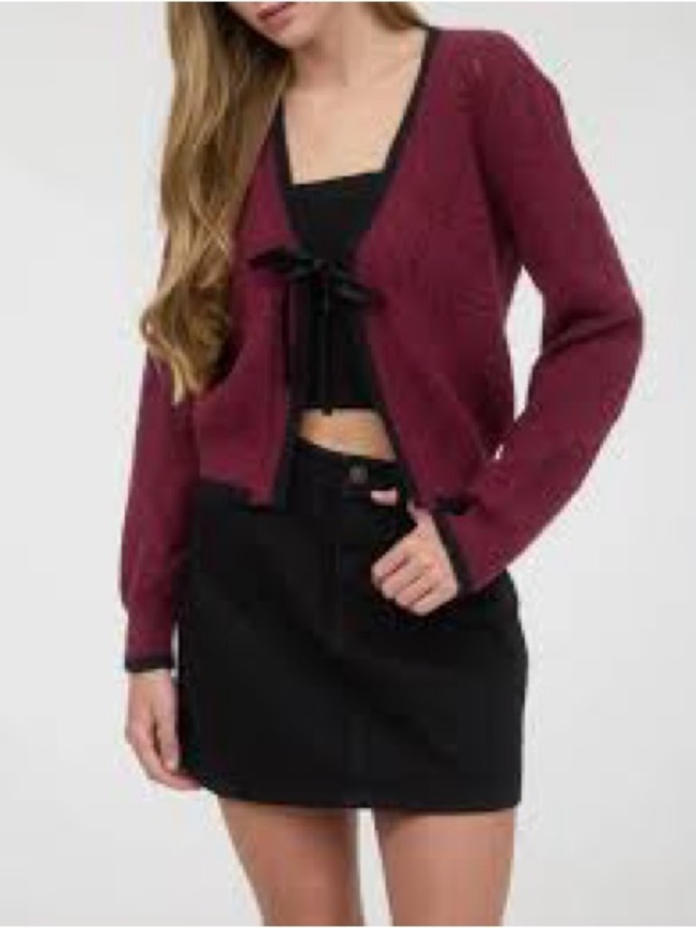MINE Burgundy V-Neck Tie-Front Sweater Cardigan with Black Trim